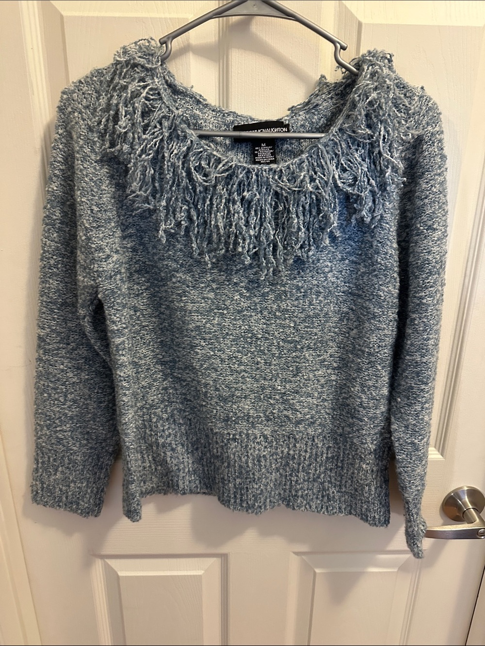 Norton McNaughton Light Heathered Blue Fringe Scoop Neck Sweater